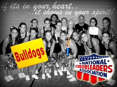 The FSU Cheerleading Team poses with the trophy the Bulldog received at the recent NCA Collegiate Summer Camp (Courtesy Photo)