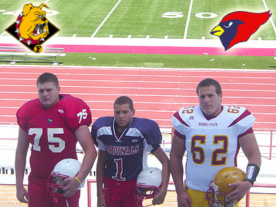 Big Rapids High School's Nate Hamel (left) and Ferris' Jake Hancock (right) join rocket football player Jamison Green (center)