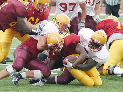 The defense comes up with a stop in FSU's final preseason scrimmage (Photo courtesy Zeke Jennings - Big Rapids Pioneer)