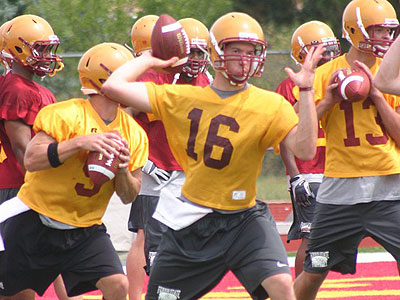 Bulldog quarterbacks work on their mechanics in the first practice (Photo by Sandy Gholston)