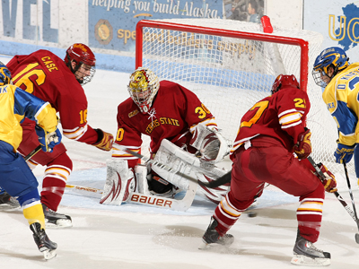 FSU defenseman Matt Case and goaltender Pat Nagle try to deny a goal in Saturday's Halloween tilt at Alaska. (Photo by Paul McCarthy)