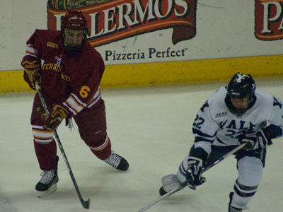 Casey Haines recorded Ferris State's lone score in a semifinal-round loss to Yale at the Badger Hockey Showdown. (Photo by Joe Gorby)