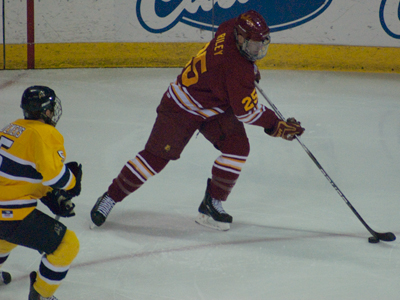 Blair Riley's posted his team-high 15th goal of the season in Sunday's third-place game victory versus Merrimack at the Badger Hockey Showdown.  (Photo by Joe Gorby)
