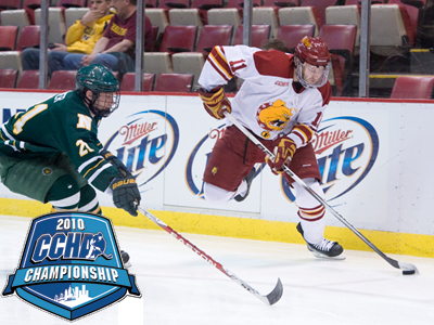 Jordie Johnston and the Bulldogs fall to Northern Michigan in overtime at CCHA Championship Semis.  (Photo by Ed Hyde)