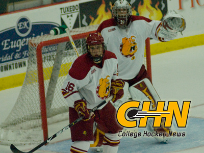 Matt Case (#16) and Taylor Nelson (#29) are two reasons why Ferris State is listed 10th in College Hockey News' Midseason Rankings. (Photo by Joe Gorby)