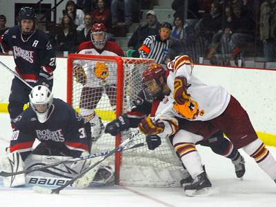 Ferris State's Aaron Lewicki netted his third goal of the season in Saturday's 4-1 win versus Robert Morris. (Photo by The Pioneer)