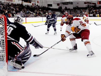 Matt Case produced a goal and an assist to earn the game's first star. (Photo by Brad Klosner of The Pioneer)