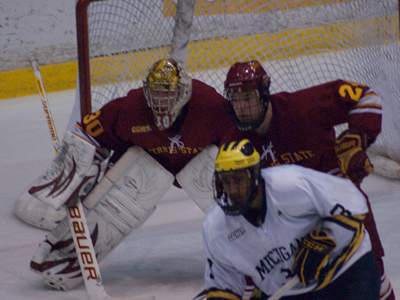 Pat Nagle and Zach Redmond couldn't help Ferris State in being dealt a 2-0 league loss at Michigan.  (Photo by Joe Gorby)