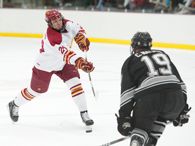 Zach Redmond fires a shot on goal during Friday's regular-season home finale against Western Michigan,  (Photo by Ed Hyde)