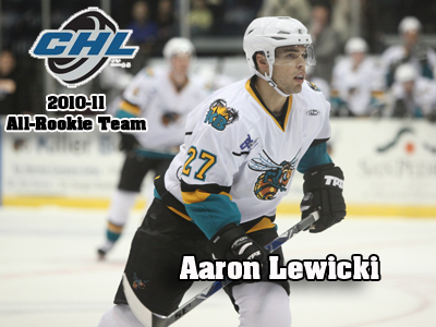 Former Bulldog Aaron Lewicki named to 2010-11 CHL All-Rookie Team and is a finalist for league's Rookie of the Year Award.  (Photo by Cliff Ranson)