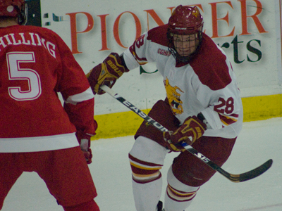 Kyle Bonis netted one of Ferris State's goals in the 3-2 upset win over number-one ranked Miami Friday night.  (Photo by Ed Hyde)