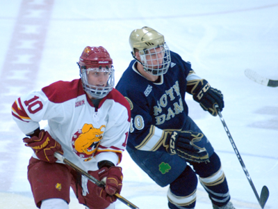 Senior Justin Menke and the Bulldogs suffer a 5-2 regular-season home finale setback to Notre Dame Saturday night.  (Photo by Joe Gorby)