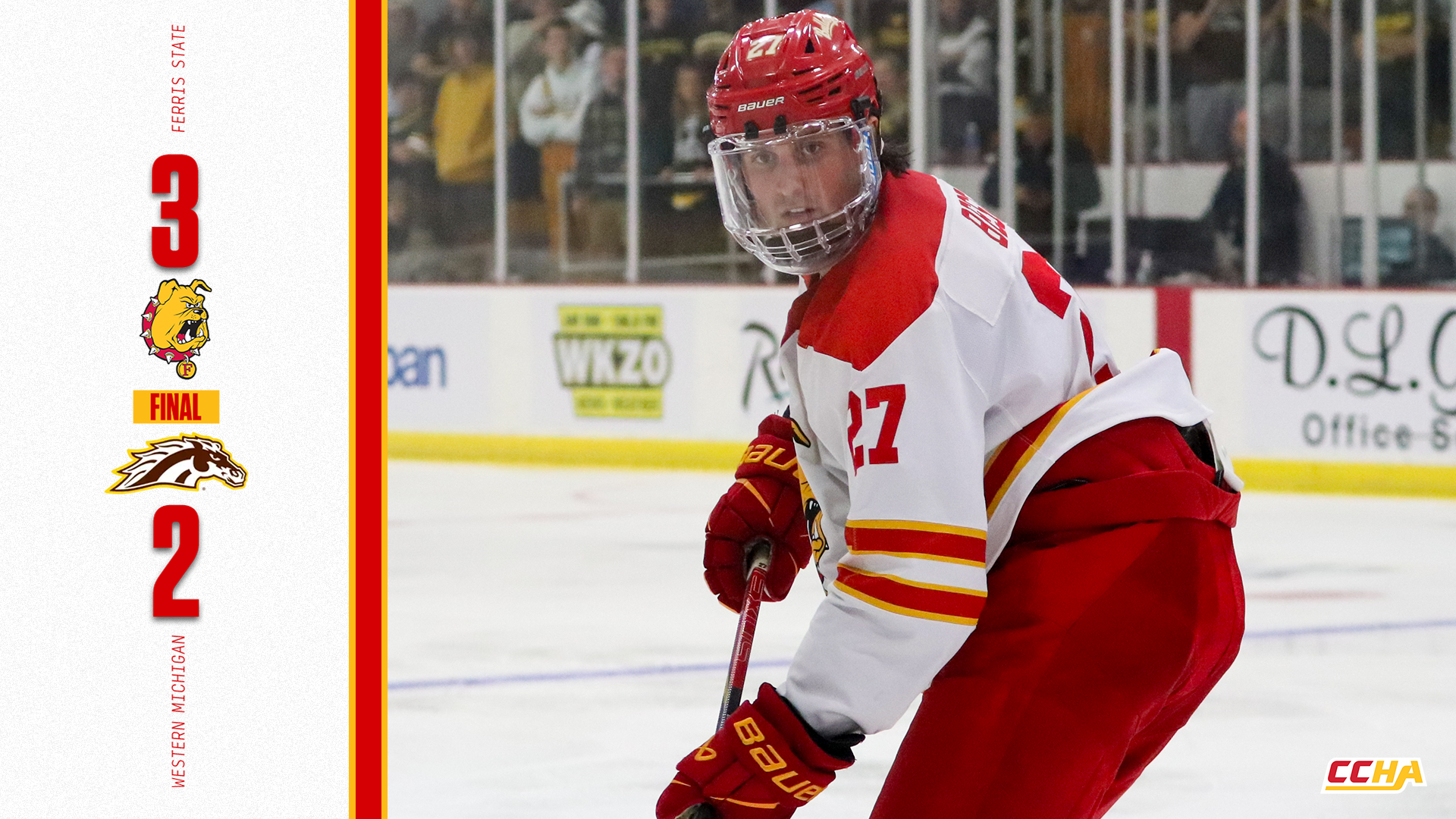 Rapalje Scores Twice, Hedquist Makes 48 Saves as Ferris State Hockey Defeats #1 Western Michigan 3-2 at Lawson