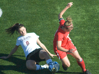 Freshman forward  Lauren Fortuna battles for the ball in Wednesday's match against Saginaw Valley State. (Photo by Joe Gorby)