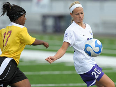 Mekyla Spraggins (#17) vies for the ball with Winona State's Lauren Sturdivant in Sunday's action.  (Photo courtesy of Winona State University Athletics)