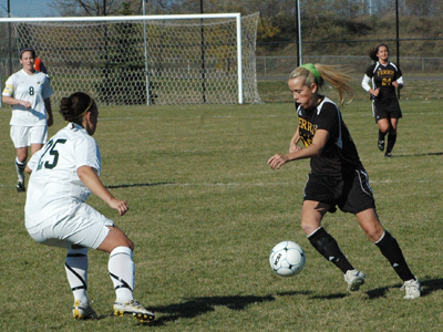 Senior Kara Lovelace scored two goal and had an assist in Tuesday's (Nov. 2) GLIAC Tournament Quarterfinal match at Northern Michigan.  (Photo courtesy of David Faiella, NMU Sports Information)