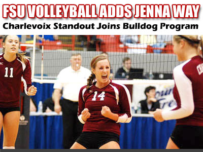 Prep standout Jenna Way (center) celebrates in a match.  Photo courtesy of Charlevoix Courier online (http://www.petoskeynews.com/charlevoix/)